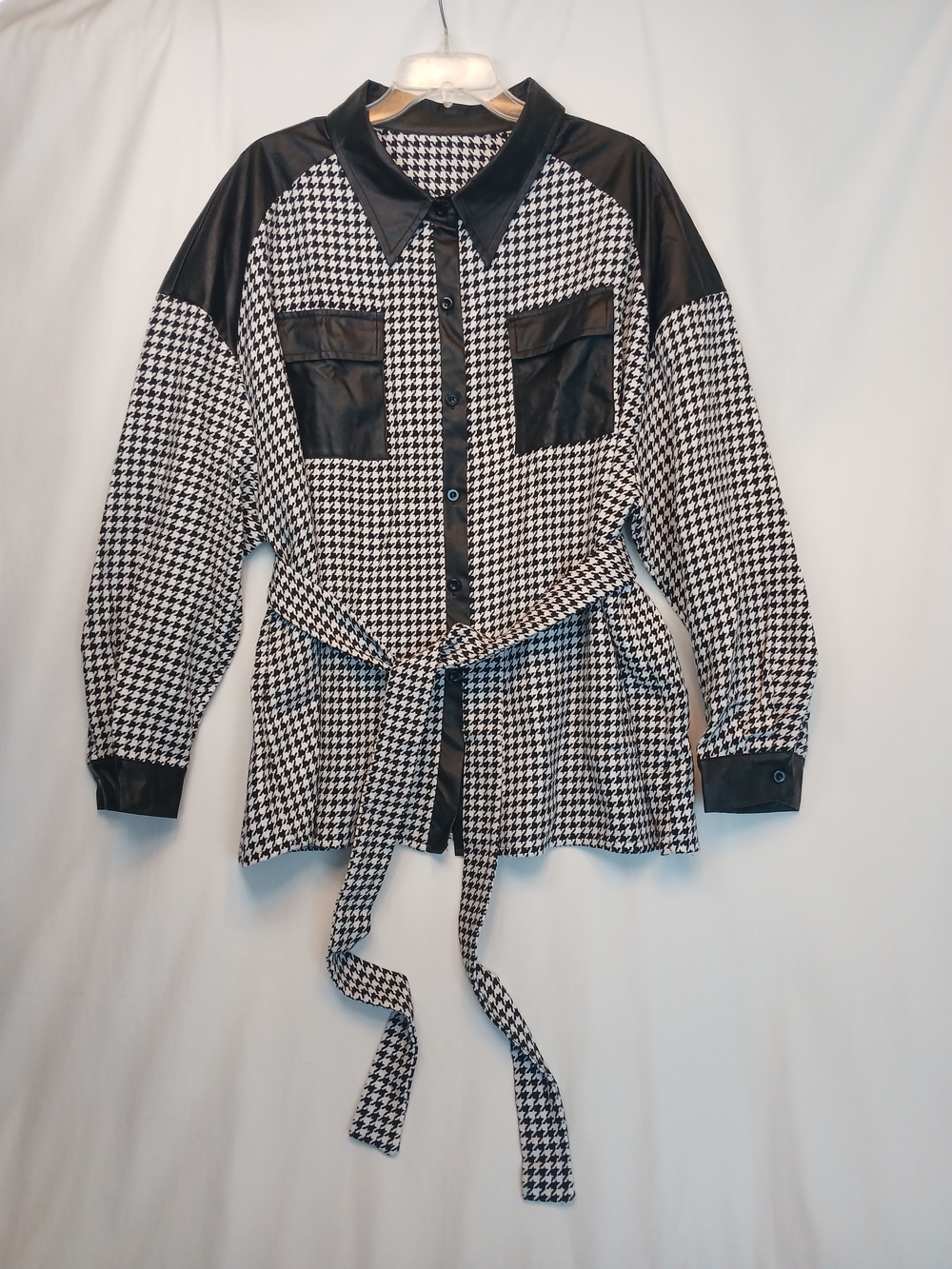 Black & White Houndstooth Knit & Faux Leather Self Tie Shirt Jacket 3X NWOT